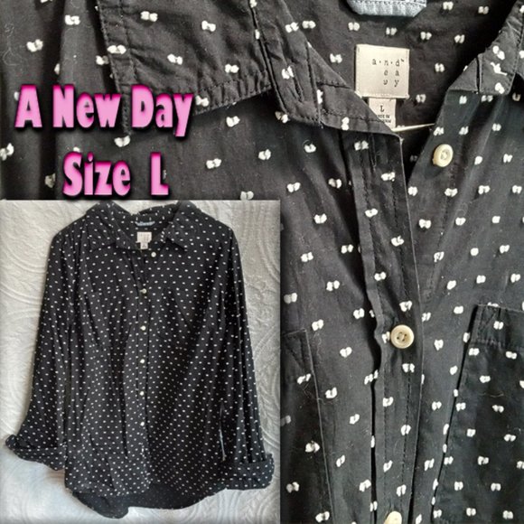 A New Day Black Button Down Shirt Top With Swiss Dots Size Large (T-203) - Picture 1 of 13